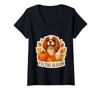 Mujer Tis The Season Cavalier King Charles Dog Otoño-Otoño Calabaza Camiseta Cuello V