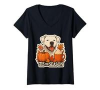 Mujer Tis The Season Dogo Perro Argentino Otoño Otoño Calabaza Latte Camiseta Cuello V