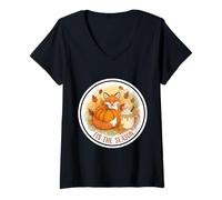 Mujer Tis The Season Fox Otoño Otoño Calabaza Hojas Vintage Taza Camiseta Cuello V