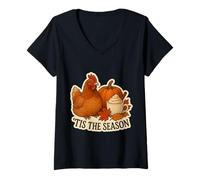 Mujer Tis The Season Gallina Otoño Otoño Calabaza Propietario Hojas Camiseta Cuello V