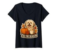 Mujer Tis The Season Lhasa Apso Dog Otoño-Otoño Calabaza Spice Lindo Camiseta Cuello V