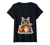 Mujer Tis The Season Maine Coon Cat, Taza de Especias para Calabaza, otoño y otoño Camiseta Cuello V