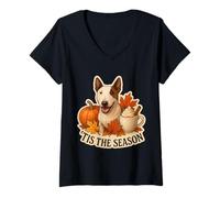 Mujer Tis The Season Miniatura Bull Terrier Perro Otoño Hojas De Otoño Camiseta Cuello V