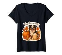 Mujer Tis The Season Miniatura Pastor Americano Otoño Otoño Camiseta Cuello V