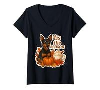 Mujer Tis The Season Miniatura Pinscher Perro Otoño Calabaza Camiseta Cuello V