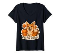 Mujer Tis The Season Pembroke Welsh Corgi Dog Otoño-Otoño Calabaza Camiseta Cuello V