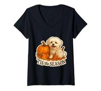 Mujer Tis The Season Perro maltés Otoño Otoño Calabaza Especias Latte Camiseta Cuello V