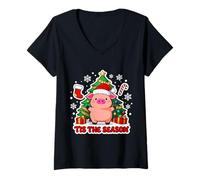 Mujer Tis The Season Pig Owner Árbol de Navidad Pet Festive Farmer Camiseta Cuello V