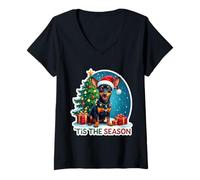 Mujer Tis The Season - Pinscher en Miniatura con diseño de Perro Feliz Navidad Camiseta Cuello V