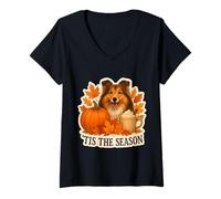 Mujer Tis The Season Shetland Sheepdog Fall Autumn Pumpkin Pup Camiseta Cuello V