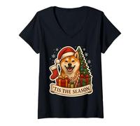 Mujer Tis The Season Shiba Inu Perro Feliz Árbol de Navidad Mamá Papá Camiseta Cuello V