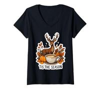 Mujer Tis The Season - Taza Vintage de Hojas de Calabaza y otoño Camiseta Cuello V
