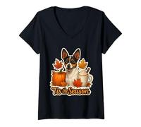 Mujer Tis The Season Toy Fox Terrier Perro otoño Calabaza Lindo Camiseta Cuello V