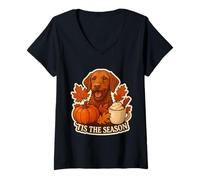 Mujer Tis The Season Vizsla Dog Fall Autumn Pumpkin Cup Camiseta Cuello V