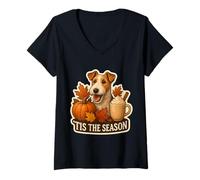 Mujer Tis The Season Wire Fox Terrier Perro otoño Calabaza Lindo Camiseta Cuello V