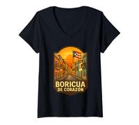 Mujer TítuloPuerto Rico Boricua De Corazon Old San Juan Flag Street Camiseta Cuello V