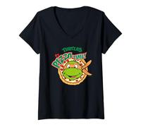 Mujer TMNT Heroes Half Shell Michelangelo Pizza Time Pose Tortugas Camiseta Cuello V