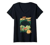 Mujer TMNT New York Pizza Slices Ad Retro Turtle Cartoon Camiseta Cuello V