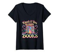 Mujer Toca si traes Libros Puerta Abierta Camiseta Cuello V