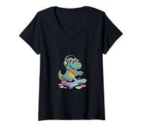 Mujer Tocadiscos DJ Dino Funny Music Lover Dinosaur Vibes Camiseta Cuello V