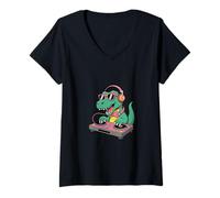Mujer Tocadiscos DJ Dino Funny Music Lover Dinosaur Vibes Camiseta Cuello V