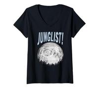Mujer Tocadiscos Luna Tambor Y Bajo DJ Jungle Music EDM Junglist Camiseta Cuello V