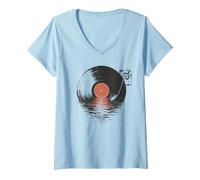 Mujer Tocadiscos Vinilo mar Espejo DJ Retro Camiseta Cuello V