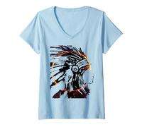Mujer Tocado Eclipse Arte Tradicional Indio Nativo Americano Camiseta Cuello V