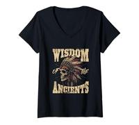 Mujer Tocado Nativo Cráneo Sabiduría Antigua Aspecto Vintage Camiseta Cuello V