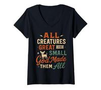 Mujer Todas Las Criaturas Grandes y pequeñas - Animal Cristiano Vintage Camiseta Cuello V