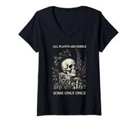 Mujer Todas Las Plantas Son comestibles, Algunas Solo una Vez Cráneo botánico Camiseta Cuello V