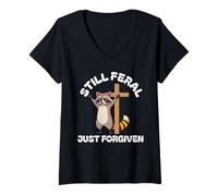 Mujer Todavía Feral Recién Perdonado Mapache Cristiano Fe Jesús Camiseta Cuello V