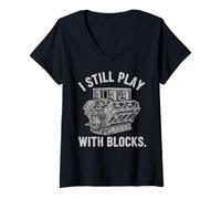 Mujer Todavía Juego con Carreras de Bloques. Mantenimiento Hombre Presenta Camiseta Cuello V