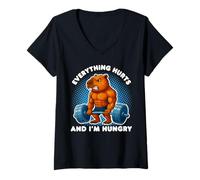 Mujer Todo duele y tengo hambre Capybara levantamiento de pesas Gimnasio Camiseta Cuello V