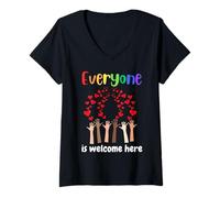 Mujer Todo el mundo es bienvenido aquí manos arriba corazones rojos diversidad Camiseta Cuello V