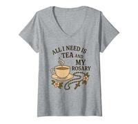 Mujer Todo lo Que Necesito es té y mi Rosario - Oración Católica Camiseta Cuello V