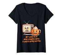 Mujer Todo lo Que Quiero es Beber Especias de Calabaza y Ver películas espeluznantes Camiseta Cuello V
