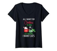 Mujer Todo Lo Que Quiero Navidad Son Gatos Humor Felino Camiseta Cuello V