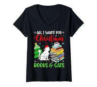 Mujer Todo lo Que Quiero para Navidad Son Libros y Gatos, Lindas y acogedoras Vacaciones Camiseta Cuello V