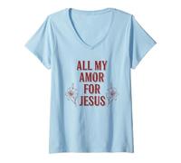 Mujer Todo mi Amor por Jesús, Fe Floral Día de San Valentín Cristiano Camiseta Cuello V