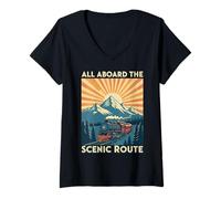 Mujer Todos a Bordo del Tren de Ruta escénica Ferrocarril Retro Camiseta Cuello V