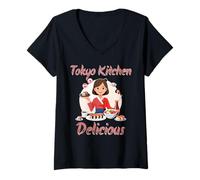 Mujer Tokio Japón Cocina Artesanal Cena Sushi Tratar Creativo Diversión Camiseta Cuello V