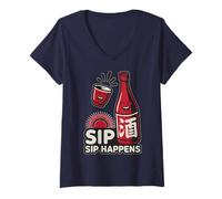 Mujer Tokio Japón Sip Happens Sake Amigos Buenos Tiempos Retro Camiseta Cuello V