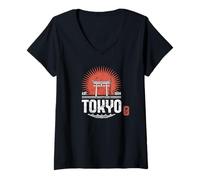 Mujer Tokio Souvenir Tori Gate Japón Sol japonés Kanji Hanko Camiseta Cuello V