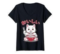 Mujer Tokyo Japan Kitty Ramen Noodles Love Fast Food Bowl Classic Camiseta Cuello V