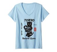 Mujer Tokyo Record Store Cat, Vintage Japanese Vinyl Music Anime Camiseta Cuello V