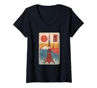 Mujer Tokyo Tower Japón Vintage Japonés Retro Fuji Kanji Diseño Camiseta Cuello V