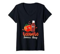 Mujer Tomate Passata Reunión Familiar Salsa de Tomate Especias Día Camiseta Cuello V