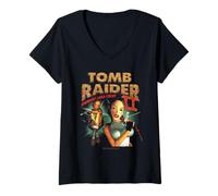 Mujer Tomb Raider II Staring Lara Croft Vintage Collage Video Game Camiseta Cuello V