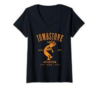 Mujer Tombstone Arizona Dancing Kokopelli Diseño Envejecido Camiseta Cuello V